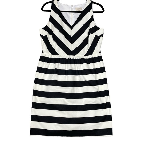 LOFT Black Ivory Chevron Stripe V-Neck A-Line Classic Party Dress NWT - 10P - Picture 1 of 14